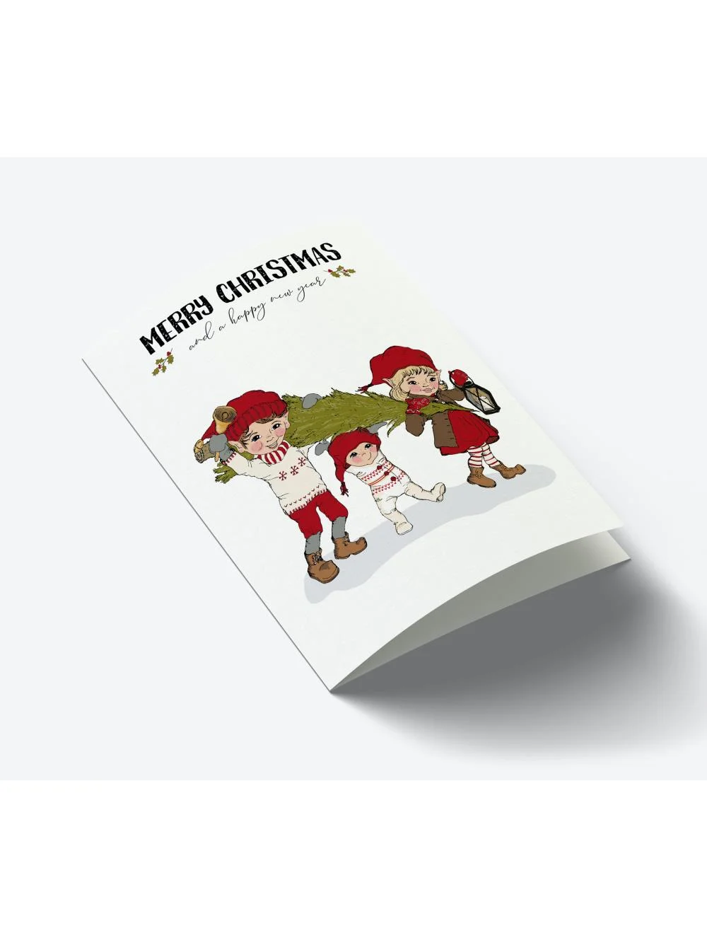 Julekort 3 nisser med juletræ Julekort 3 nisser med juletræ